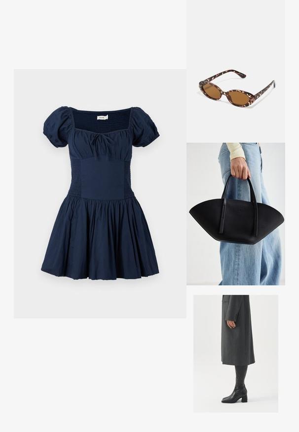 Vestido azul-marinho com mangas bufantes, decote quadrado e corpete franzido. Saia evasê com tecido pregueado, feito de material leve de algodão.; Casaco cinza, ajustado, com corte reto; combinado com botas de couro pretas até ao joelho, com biqueira quadrada e salto grosso.; Óculos de sol em tartaruga com lentes ovais, com tonalidade castanha, hastes finas com padrão texturizado, estrutura leve em plástico.; Bolsa de mão em couro preto com uma forma única em leque, apresentando alças planas. A superfície tem uma textura pebble e um design minimalista.