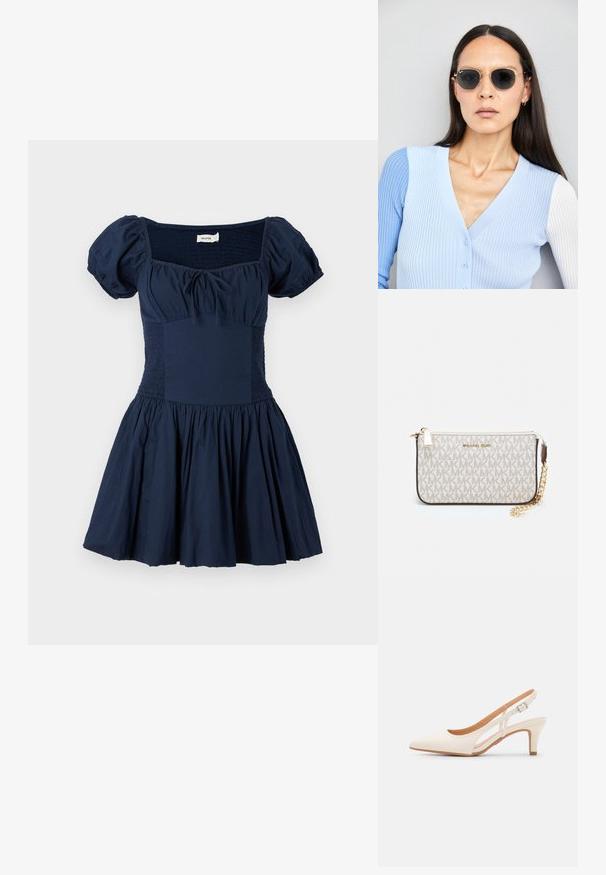 Mornarsko moder obleke s napihnjenimi rokavi, kvadratnim izrezom in nabrano korzetom. Razširjen krilo z nabranim materialom, izdelano iz lahkega bombažnega materiala.; Bela slingback peta z ostrim nosom, gladka zgornja prevleka, nizka blok peta in zasnova z stranskimi izrezi ter nastavljivim trakom z zaponko.; Okrogle sončna očala s temnimi lečami in zlatimi okvirji. Model nosi svetlo modro, rebrasto jakno s gumbi in belimi rokavi v kontrastni barvi.; Michael Kors denarnica v bež lakiranem platnu z mišičnim vzorcem ponavljajočega se logotipa MK, z zlatim okovjem in snemljivo verižico.