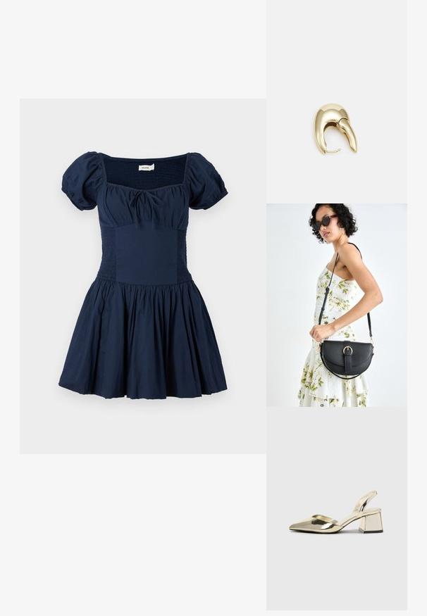 Mørkeblå kjole med pufferm, firkantet hals og smocked liv. Utsvingt skjørt med samlet stoff, laget av lett bomullsmateriale.; Gull, metallisk slingback-hæler med spiss tå og chunky hæl. Glatt tekstur, minimalistisk design og en smal stropp.; Svart lærveske med en buet form, avtagbar stropp og gullbeslag. Vesken har et klaff med spenne-detall.; Gullfarget metalløredobber med et elegant, buet design. Har en karakteristisk spiss form, polert overflate og hengsel-lukking.