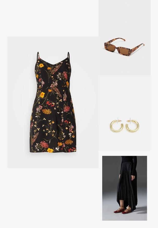 Kvetinové šaty s černým základem, zdobené barevnými květinami v odstínech žluté, růžové a červené. Navrženy s tenkými ramínky a skládáním na sukni.; Černá plisovaná sukně s vysokým předním a nízkým zadním lemem, kombinovaná s lesklými červenými balerínami se strapkovým designem. Tkanina má hladký povrch.; Kočičí brýle se želvovinovým vzorem, obdélníkové hnědé čočky, silný rám a úzké nožičky s různými odstíny hnědé.; Zlaté kruhové náušnice s hladkým, lesklým povrchem. Kruhový design s malým kolíčkem a průhledným záznamem pro bezpečné nošení.