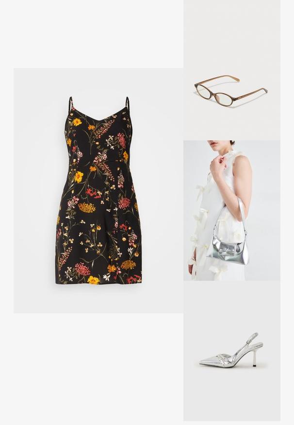 Λουλουδάτο φόρεμα με μαύρη βάση, διαθέτοντας πολύχρωμα λουλούδια σε αποχρώσεις του κίτρινου, ροζ και κόκκινου. Σχεδιασμένο με λεπτές τιράντες και πλισέ φούστα.; Ασημένια ψηλοτάκουνα παπούτσια slingback με μυτερή μύτη, μεταλλική φινέτσα, δύο διακοσμητικές λωρίδες και λεπτό τακούνι με μαύρη άκρη.; Καφέ τετράγωνα γυαλιά με οβάλ φακούς, λεπτούς βραχίονες και διαφανή στοιχεία. Διαθέτουν έναν διακριτικό λογότυπο στο μπράτσο. Κομψός, ελαφρύς σχεδιασμός.; Ασημί μεταλλική τσάντα με δομημένο σχήμα, διαθέτει χειρολαβή στην κορυφή και λεπτομέρεια με φιόγκο μπροστά. Λείος υφάσματος, ανακλαστική επιφάνεια.