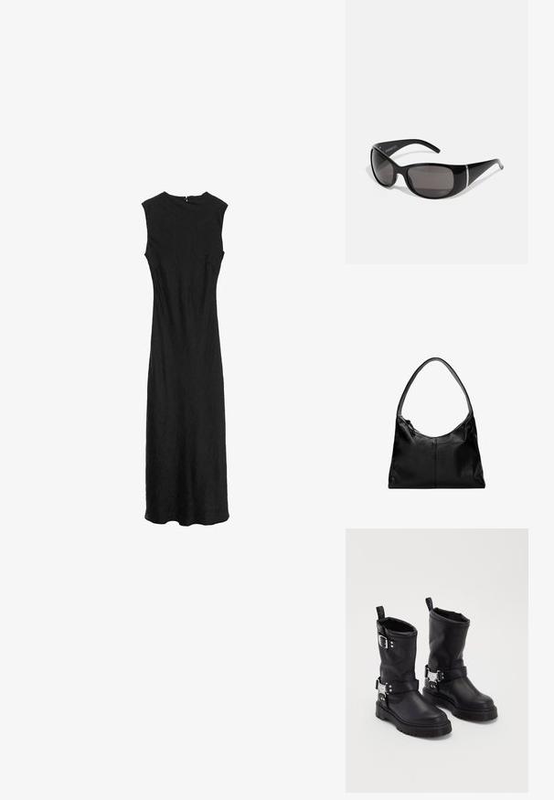 Černé bezramínkové šaty s kulatým výstřihem, ke kolenům, z texturované látky a s minimalistickým designem. Obsahují zadní zip.; Černé kožené kotníkové boty se robustní podrážkou, vybavené bočním řemínkem se sponou a dekorativními prvky. Hladký povrch s poutkem.; Černé sluneční brýle s lesklými plastovými rámy, gradientní šedé čočky a stříbrnými akcenty po stranách. Hladký, zakřivený design.; Černá kožená kabelka na rameno s hladkým povrchem, zakřiveným vrškem a jedním popruhem. Disponuje zipovým zavíráním a minimalistickým designem.