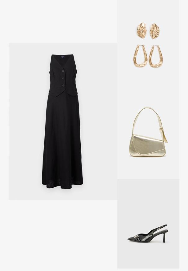 Vestido maxi preto sem mangas, com um top estilo colete abotoado e uma saia rodada, exibido sobre um fundo branco.; Sapato slingback preto em pele patentada com bico apontado, tiras no tornozelo apresentando fivelas e acessórios prateados, e um salto elegante.; Bolsa de mão metálica dourada com um design estruturado, textura suave e alça ajustável. Apresenta uma forma triangular única e costura minimalista.; Brincos em tom de ouro com formas onduladas e texturizadas. Inclui studs escultóricos com presilha e um design de argola aberta com um acabamento martelado.