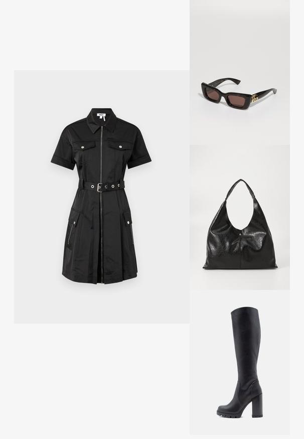 Melna kleita ar īsām piedurknēm, rāvējslēdzēju priekšpusē, divām krūšu kabatām un sānu kabatām. Iezīme ir josta viduklī ar sudraba aksesuāriem.; Melnas ceļgala augstuma zābaki, gluda ādas materiāla, masīls papēdis, noapaļota purna daļa, teksturēta zole ar saķeri, glīts dizains bez rotājumiem.; Melna bruņurupuču stila sauļošanās brilles ar taisnstūra lēcām, brūnu toņu, biezām rāmēm un zelta dubulto-G logo detaļu uz tempļa.; Melnas ādas hobo soma ar gludu, spīdīgu tekstūru, piedāvā plašu, izliekta formas rokturi un nepamanāmu priekšējo krokas ar metāla spiedpogām.; Zelta toņa riņķveida auskari ar bruņurupuču raksta sveķu ārējo malu, ar gludu apdari un elegantu, apaļu formu.