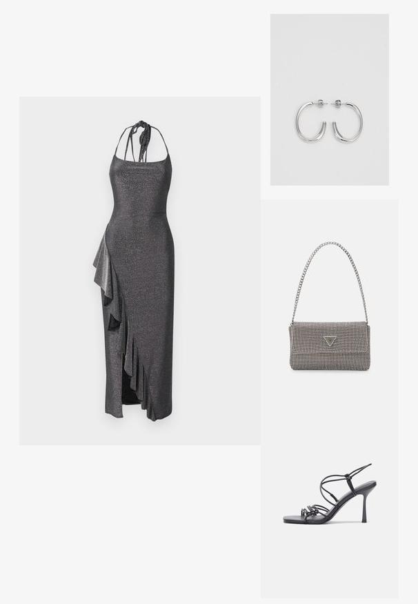 Ένα μαύρο, μεταλλικό, μεσαίου μήκους φόρεμα με λεπτές τιράντες, ραφές με βολάν στο πλάι και σκίσιμο για επιπλέον κίνηση.; Μαύρες ψηλοτάκουνες σανδάλες με λεπτές λωρίδες και σχέδιο με κόμπους, λείο τετράγωνο μπροστινό μέρος και κομψό τακούνι στιλέτο.; Ανοικτό γκρι μεταλλική τσάντα χειρός με αλυσίδα, διακοσμημένη με μικρούς κυκλικούς μεταλλικούς στύλους και ένα τριγωνικό λογότυπο της μάρκας.; Ασημένια σκουλαρίκια κρίκοι με λεία, λαμπερή φινίρισμα. Στρογγυλό σχήμα, ελαφρύ σχέδιο, με κλείσιμο τύπου πίσω.