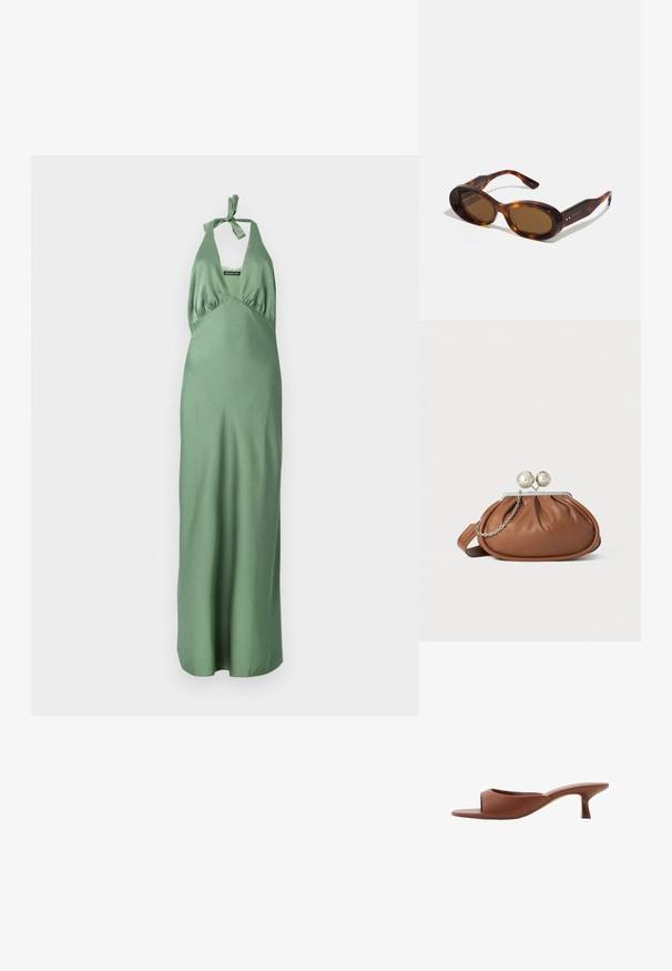 Lang grøn satin kjole med halterneck og bindebånd, der har en tætsiddende liv og en svævende nederdel. Glat tekstur og minimalistisk design.; Brune åbne tå hæle mules med en glat, mat finish, der har et buet design og en gennemsigtig, afsmalnende hæl.; Skildpaddeskals-solbriller med ovale linser, brun nuance, og gyldne detaljer på stængerne. Kraftige rammer med en blank overflade og glat tekstur.; Brun læder clutch-pung med sølv kugleklap og en lille sølv kædedetalje på en hvid baggrund.