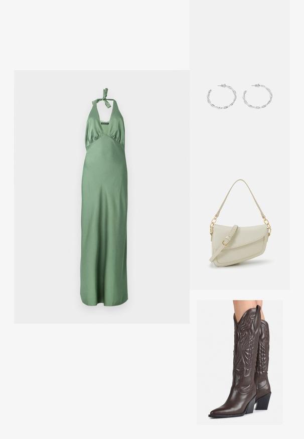 Largo vestido de satén verde con cuello halter y detalle de lazo, con un corsé ajustado y una falda fluida. Textura suave y diseño minimalista.; Botas de vaquero de cuero marrón con punta afilada y tacón cuadrado, que presentan costuras detalladas y acentos elevados en el caño.; Pequeño bolso de mano crema con un acabado texturizado, una correa larga y ajustable, un acento de cadena y cierre de solapa. Detalles en hardware dorado.; Pendientes de aro de plata con diseño retorcido, que presentan un acabado pulido y cierre de presión. Miden aproximadamente 3 cm de diámetro.