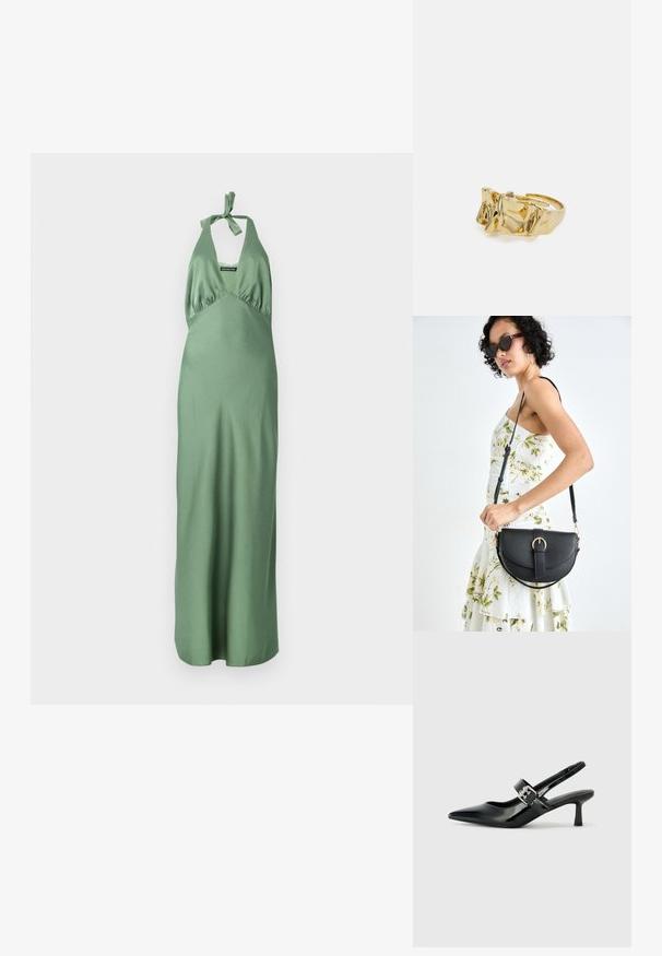 Długa zielona satynowa sukienka z dekoltem w serek i detalem w postaci związania, z dopasowanym gorsetem i zwiewnym dołem. Gładka tekstura i minimalistyczny design.; Czarne lakierowane szpilki slingback z wąskim noskiem i małym słupkiem, z ozdobnym srebrnym klamrą na pasku.; Czarna skórzana torebka o zakrzywionym kształcie, z odpinanym paskiem i złotymi akcentami. Torebka posiada klapę z zapięciem w kształcie klamry.; Złoty pierścionek o teksturowanym, falistym wzorze z trzema wyraźnymi szczytami. Gładka, błyszcząca powierzchnia z otwartą obrączką dla regulowanego dopasowania.
