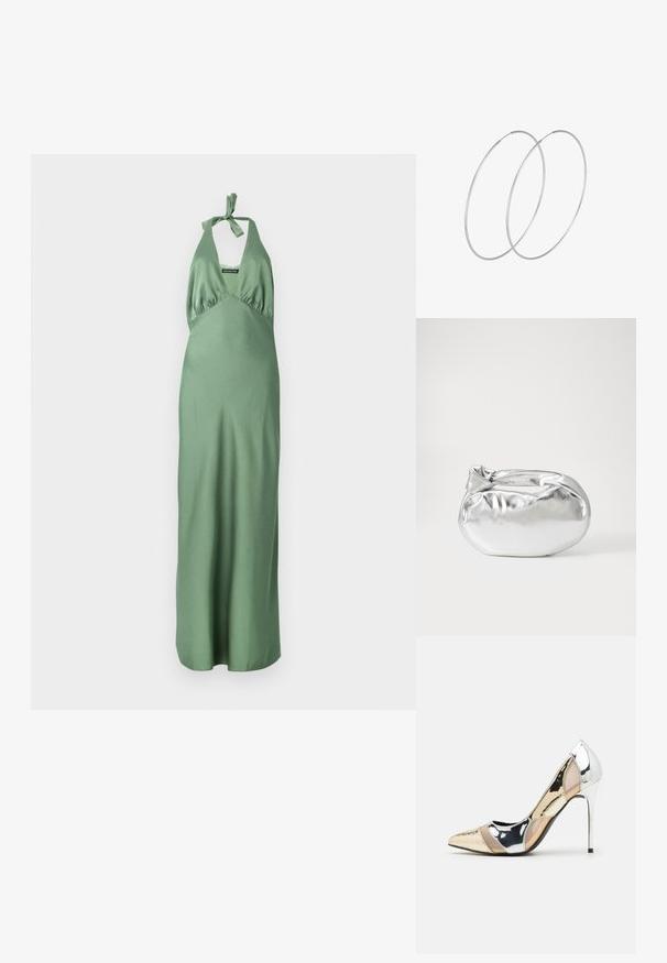 Pitkä vihreä satiinimekko, jossa on haalariolkaimet ja solmittava yksityiskohta, ja siinä on istuva yläosa ja valuva hame. Sujuva rakenne ja vähäeleinen muotoilu.; Korkokenkät, joissa on terävä kärki ja hopea, kultainen sekä nude-väriyhdistelmä. Kiiltävä pinta ja leikkausdesign, varustettuna stikettikorkealla.; Hopeapintainen metallinen pussilaukku, jolla on pehmeä, pyöreä muoto ja solmittava yläosa. Valmistettu sileästä tekonahkamateriaalista.; Hopehope hopeilla, joissa on minimalistinen muotoilu. Pyöreä muoto, sileä pinta ja ohut profiili. Kevyet ja kiillotetut.