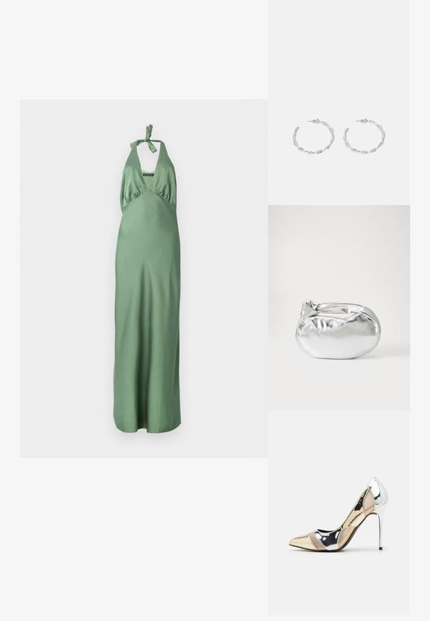 Long green satin dress with a halter neck and tie detail, featuring a fitted bodice and flowing skirt. Smooth texture and minimal design.; Pointed-toe high heel shoe with a silver, gold, and nude color scheme. Glossy finish with cutout design, featuring a stiletto heel.; Silver metallic pouch bag with a soft, rounded shape and a knotted top closure. Made from smooth faux leather material.; Silver hoop earrings with a twisted design, featuring a polished finish and post-back closure. Measure approximately 3 cm in diameter.