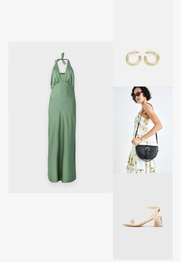 Hosszú zöld selyemruha pánt nélküli nyakkivágással és megkötős részlettel, fitted bodiccel és lágyan hullámzó szoknyával. Simább textúrával és minimális dizájnnal rendelkezik.; Arany színű fémtalpú szandál sarokkal, éles szögletű blokk sarkal, két pánttal a lábfej fölött és állítható boka pánttal. Simaság jellemzi.; Fekete bőrtáska ívelt formával, levehető pánttal és arany színű fémrészekkel. A táskán egy csattal díszített fedél található.; Arany fülbevalók sima, fényes felülettel. Kör alakú dizájn, amely kis kapoccsal és átlátszó tartozékkal rendelkezik a biztonságos viselés érdekében.