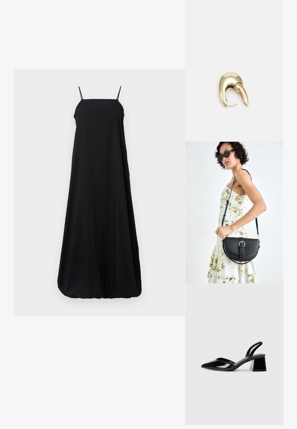 Črna brezrokavna maksi obleka z tankimi naramnicami, ohlapnim in lepršavim oblikovanjem, mehko tkanino ter nagubanimi robovi, ki ustvarjajo zaobljen spodnji silhuet.; Črne lakirane slingback pete s koničastim nosom in geometrijsko blokasto peto. Imajo eleganten, minimalističen dizajn in gladko teksturo.; Črna usnjena torbica s ukrivljeno obliko, z odstranljivo naramnico in zlatimi dodatki. Torbica ima pokrov s podrobnostmi v obliki zaponke.; Uhane nakit iz zlatastega tona z gladko, ukrivljeno zasnovo. Ima edinstveno koničasto obliko, polirano površino in zaponko s tečajem.