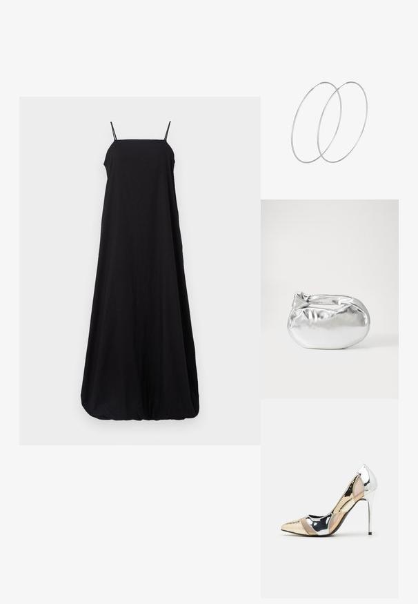 Crna maksi haljina bez rukava s tankim trakama, labavim i prozračnim dizajnom, mekanim materijalom i skupljenim rubom koji stvara oblik zaobljenog dna.; Cipele s visokom potpeticom i špicastim vrhom u srebrnoj, zlatnoj i nude boji. Sjajan finiš s izrezbarenim dizajnom, s potpeticom u obliku stiletto.; Srebrna metalik torbica s mekim, zaobljenim oblikom i čvorastim zatvaranjem na vrhu. Izrađena od glatke sintetičke kože.; Srebrne okrugle naušnice s minimalističkim dizajnom. Kružni oblik, glatka tekstura i tanak profil. Lagane s poliranim završetkom.