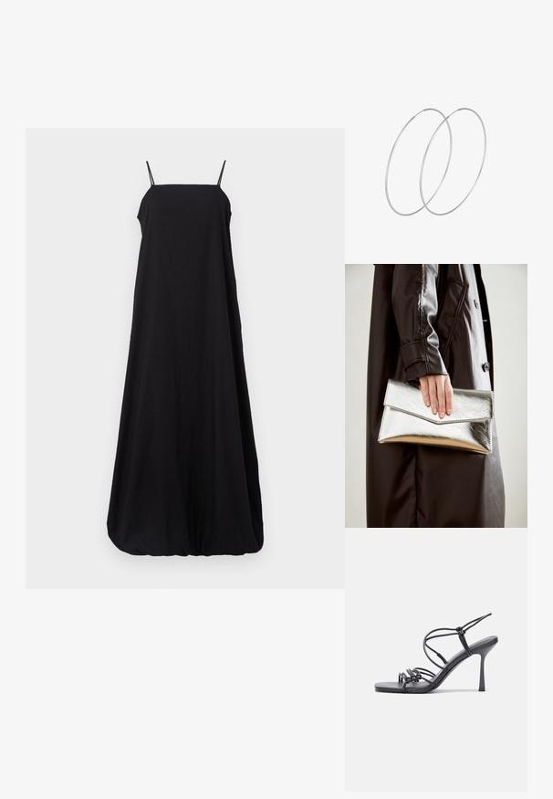 Crna maksi haljina bez rukava s tankim trakama, labavim i prozračnim dizajnom, mekanim materijalom i skupljenim rubom koji stvara oblik zaobljenog dna.; Crne sandale na visokoj potpetici imaju tanke trake s čvorastim dizajnom, glatki kvadratni vrh i elegantnu stiletto petu.; Srebrna metalik torbica s kutijastim dizajnom, glatke teksture i kontrastne boje unutrašnjosti, držana u ruci koja nosi crni kaput.; Srebrne okrugle naušnice s minimalističkim dizajnom. Kružni oblik, glatka tekstura i tanak profil. Lagane s poliranim završetkom.