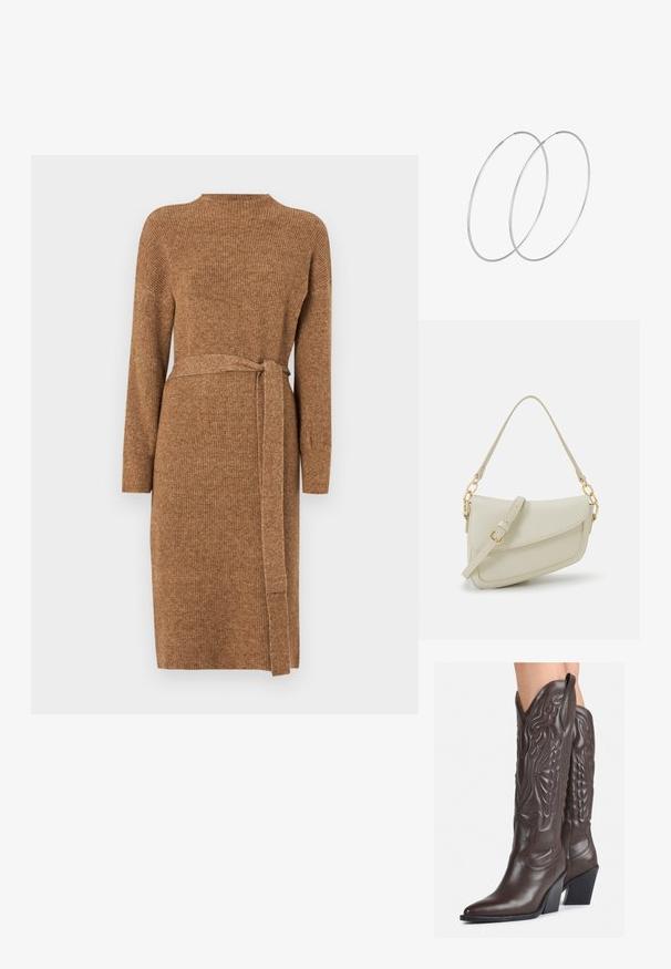 Brūns ribots adījuma kleita ar garām piedurknēm, augstu kakla izgriezumu un atbilstošu auduma jostu jostasvietā. Garuma līdz vidus teļiem.; Brūni ādas kovboju zābaki ar norādītu purngalu un blokveida papēdi, ar detalizētu šūšanu un paceltiem akcentiem uz kājas daļas.; Maza krēmkrāsas rokas soma ar teksturētu apdari, garu regulējamu siksniņu, ķēdes akcentu un vāciņa aizdari. Zelta aparatūras detaļas.; Sudraba gredzenveida auskari ar minimālistisku dizainu. Cirkulāra forma, gluda tekstūra un plāns profils. Vieglu svaru ar spīdīgu apdari.