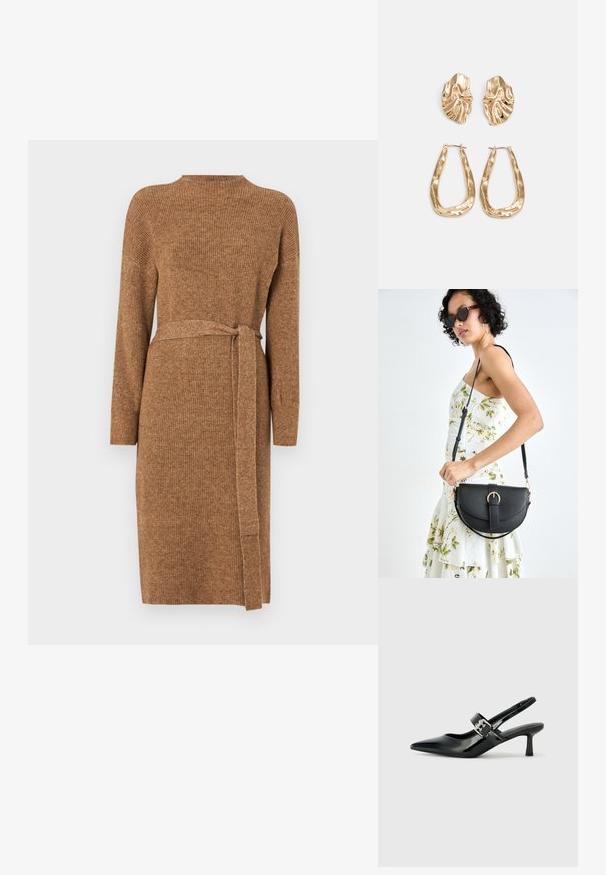 Brown ribbed knit dress with long sleeves, high neckline, and a matching fabric belt at the waist. Mid-calf length design.; Black patent leather slingback heels with a pointed toe and a small block heel, featuring a silver buckle accent on the strap.; Black leather handbag with a curved shape, detachable strap, and gold hardware. The bag features a flap with a buckle detail.; Gold-tone earrings featuring textured, wavy shapes. Includes sculptural clip-on studs and open hoop design with a hammered finish.