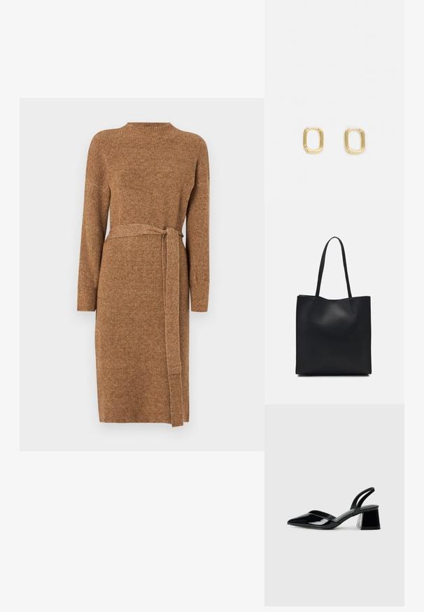 Ruskea ribattu neulemekko, jossa on pitkät hihat, korkea kaulus ja samanvärinen kangasvyö vyötäröllä. Keskivartalon pituinen malli.; Mustat patentoitu nahkakengät, joissa on säären takaosa ja terävä kärki, sekä geometrinen palikkakorko. Sisältää tyylikkään, minimalistisen muotoilun ja sileän pinnan.; Mustapahkainen kangaskassi, jossa on sileä pinta, suorakaiteen muotoinen ja kaksi pitkää kahvaa. Ei näkyvää metalliosaa tai koristeita.; Kultaiset suorakulmaiset korvakorut, joissa on sileä pinta ja pyöristetyt reunat. Suunnittelussa on minimalistinen, geometrinen muoto.