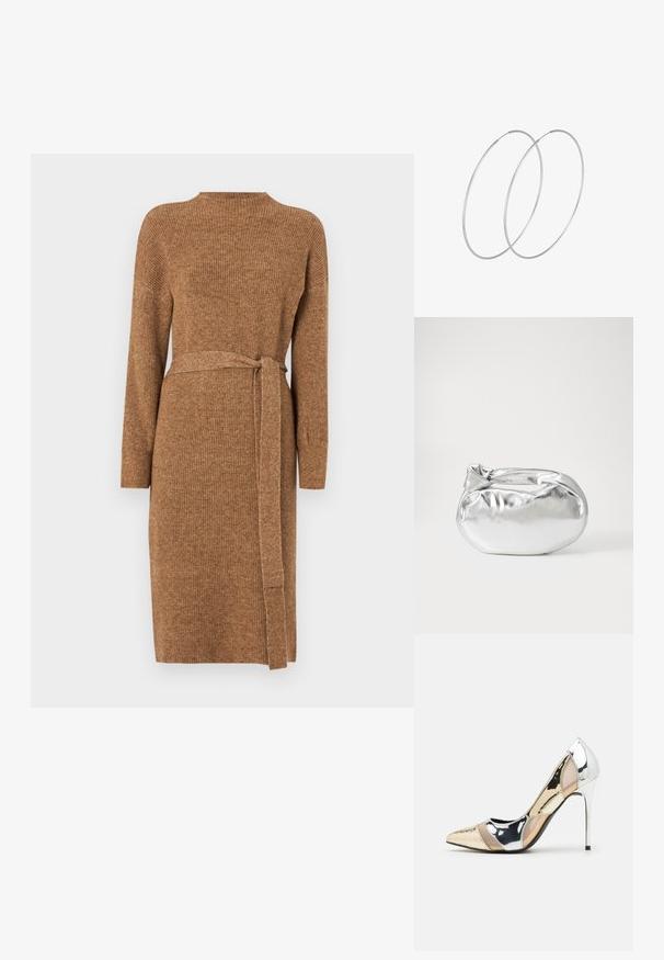 Rjava pletena obleka z dolgimi rokavi, visokim ovratnikom in pasom iz istega materiala. Oblika do sredine teleta.; Čevlji z visoko peto in konico, v barvni kombinaciji srebrne, zlate in nude. Sijajna obdelava z izrezljanim dizajnom, z igličasto peto.; Srebrna kovinska torbica z mehko, zaobljeno obliko in zavezano zgornjo zaporo. Narejena iz gladkega umetnega usnja.; Srebrne uhane v obliki obroča z minimalističnim dizajnom. Krožna oblika, gladka tekstura in tanek profil. Lahki s poliranim zaključkom.