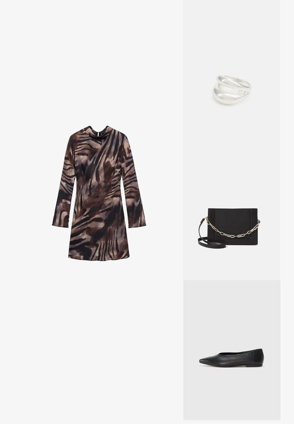 Abito a maniche lunghe con motivo a righe tigre marrone e nero, caratterizzato da un design con colletto drappeggiato e una silhouette aderente. Texture morbida e materiale fluido.; Ballerine in pelle nera, punta affusolata, design minimalista, texture liscia, tacco basso, senza hardware o decorazioni visibili.; Borsa a tracolla nera in pelle con una texture liscia, forma rettangolare e dettaglio in catena metallica sul davanti. Inclusa una tracolla regolabile.; Anello doppio in argento con superficie liscia e lucida. Presenta un design fluido e curvo con sezioni sovrapposte per un aspetto moderno.