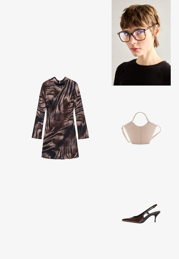Rochie cu mâneci lungi, în model de dungi tigru maro și negru, cu un guler tip cowl și o siluetă ajustată. Textură moale și material fluid.; Pantofi slingback din piele patenta maro, cu vârful ascuțit, decupaje deschise și toc subțire. Dispun de o curea ajustabilă cu cataramă.; Ochelari tartan cu rame mari și dreptunghiulare, având lentile reflective și tije subțiri, purtați pe un fundal neutru.; Geantă de mână bej din piele cu o formă unică, dotată cu două mânere scurte și o curea lungă ajustabilă. Textură netedă, cu hardware minim.