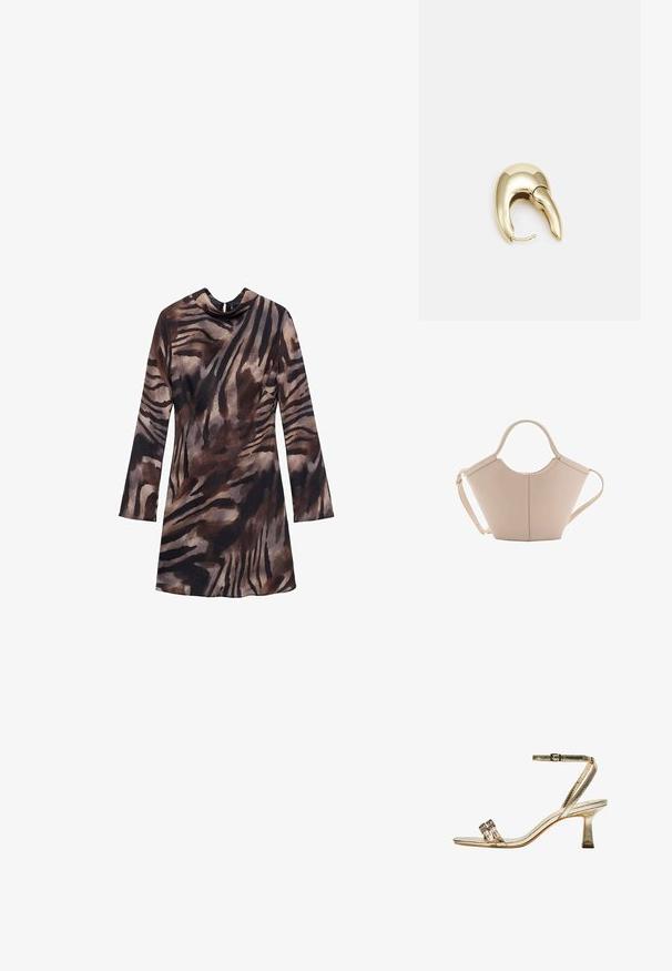 Dlouhé šaty s rukávy v hnědo-černém tygřím vzoru, s designem s cowl krkem a přiléhavým střihem. Měkká textura a splývavý materiál.; Zlaté metalické sandály na vysokém podpatku s kotníkovým páskem, dvěma úzkými předními pásky a blokovým podpatkem. Obsahují ozdobné prvky.; Beige kožená kabelka s jedinečným tvarem, vybavená dvěma krátkými uchy a dlouhým nastavitelným popruhem. Hladká textura s minimem kovových doplňků.; Náušnice ve zlatém tónu z kovu s elegantním zakřiveným designem. Vyznačují se jedinečným špičatým tvarem, lesklým povrchem a závěsem na kloub.