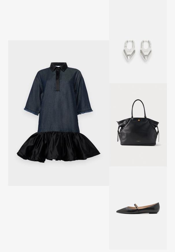 Denimkleit, millel on krae, kolmeveerandi varrukad ja must satiinist volang all. Omab kulunud varrukate servi ja esist puudutust.; Musthave mustanahkased balletkingad terava varbaga ja külgrihmaga, millel on ümmargune kuldne aksessuaar. Kerged ja tasase tallaga.; Mustast nahast ostukott, millel on tekstuuriga pind, kuldsed detailid ja kaks ümarat käepidet. Varustatud turvalise sulgemise ja minimaalse brändinguga.; Hõbedased südamekujulised lukuvidinad, millel on kohandatud "JAA" ja "EI" tekst, poleeritud viimistlus, sümmeetriline disain ja tugev metallist klamber.