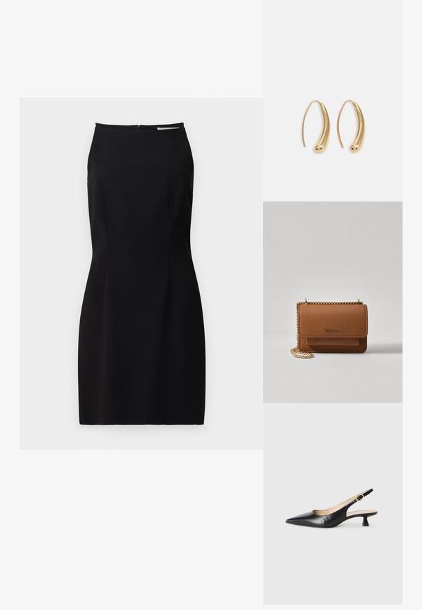 Sort ærmeløs kjole med en tætsiddende silhuet, glat stof, lynlås lukning bagpå og subtile sømdetaljer.; Sorte læder slingback kitten heel sko med spids tå og guld spænde på side stropp, på hvid baggrund.; Brun tekstureret læder crossover-taske med guldkæde-rem og klaplukning. Forsiden har logo-detalje og en lomme under klappen.; Guldfarvede metal hoops øreringe med en bøjet, forlænget form. Har en glat, skinnende overflade og en afrundet spids for ekstra detalje.