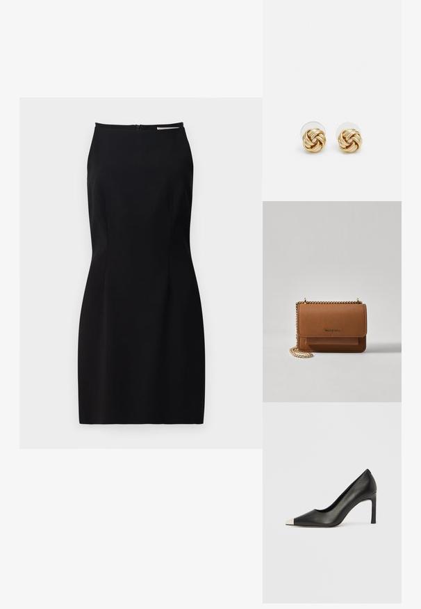 Melna bez piedurknēm kleita ar pieguļošu siluetu, gludu audumu, rāvējslēdzēju aizmugurē un smalku šuvju detalizāciju.; Melns ādas augstpapēžu kurpes ar smailu purngalu un metāliski sudraba uzgali. Ir gluda apdare un slaids 10 cm augsts papēdis.; Brūna teksturēta ādas plecu soma ar zelta ķēdes siksnu un atloka aizdari. Priekšpusē ir logotipa detaļa un kabata zem atloka.; Zeltītu mezgla auskari ar vērptu dizainu. Katrs auskaru pāris ir aprīkots ar apaļu caurspīdīgu atbalstu drošai nēsāšanai.