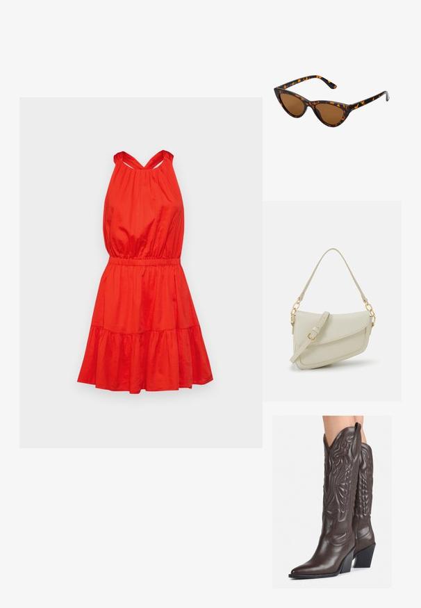 Punase seljaga kleit, millel on liibuv korpus, elastne talje ja kihiline volangi seelik. Valmistatud kerge materjali, mis on sileda tekstuuriga.; Pruunid nahast cowboy saapad terava varbaga ja plokk-kandaga, millel on detailne tikand ja kergelt tõstetud aktsendid varrel.; Kassi vormiga prillid musta ja oranži kilpkonnakujulise raami, pruunide läätsede ja elegantsete teravate otstega. Templi juures on minimaalne logo.; Väike kreemjas käekott tekstureeritud viimistlusega, pikendatav rihm, ketiläbimõõt ja klapiga sulgemine. Kuldsed metalldetailid.