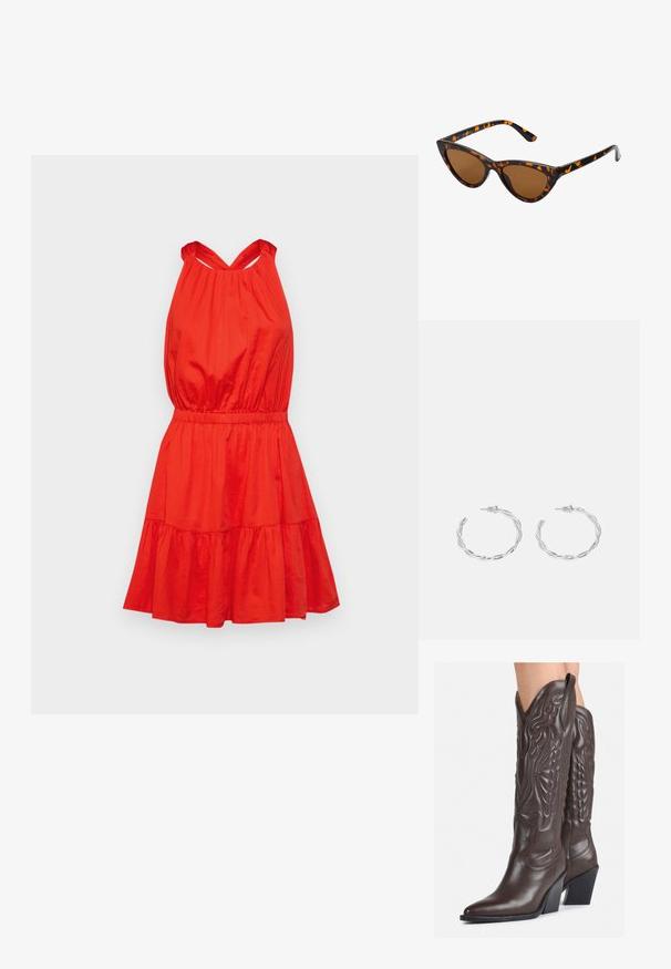 Rotes ärmelloses Kleid mit tailliertem Oberteil, elastischem Bund und mehrlagigem Rüschenschnitt. Hergestellt aus leichtem Material mit glatter Textur.; Braune Leder-Cowboy-Stiefel mit spitzem Punkt und Blockabsatz, die über detaillierte Stickereien und hervorgehobene Akzente am Schaft verfügen.; Katzenaugen-Sonnenbrille mit einem schwarz-orangenen Schildpattrahmen, braunen Gläsern und schlanken, spitzen Enden. Verfügt über ein minimalistisches Logo am Bügel.; Silberne Creolen mit gedrehter Gestaltung, ausgestattet mit einer polierten Oberfläche und einer Steckverschluss. Sie haben einen Durchmesser von ca. 3 cm.