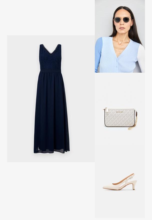 Tumedane sinise värviga pikk kleit V-kaelusega, õie tikandite ja läbipaistva kihti. Omab istuvat taljeosa ja voolavat seelikut.; Valge slingback konts, terava ninaga, siledast ülemisest materjalist, madala ploki kontsaga ja külgse nähtavusega ning reguleeritava pandla rihmaga.; Ringikujulised prillid tumedate läätsede ja kullast raamiga. Mudel on selga pannud helesinise soonikuga kardigani, millel on nupud ja kontrastsed valged varrukad.; Michael Korsi randmevõru beige kaetud kangast, millel on korduv MK logo muster, kuldne riistvara ja eemaldatav ahelistrap.