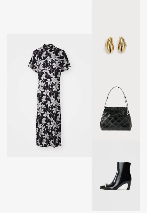 Fekete ruha rövid ujjakkal, fehér liliom virágmintával. Könnyű anyag, gombos elülső rész és térd alatti hossz.; Fekete bokacsizma fényes bőrből, hegyes orral és díszes arany- és ezüstszínű részlettel az elején. Tömör sarok kialakítás.; Fekete, steppelt bőr kézitáska ezüst láncos fogantyúval, strukturált kialakítással és sima textúrával.; Aranyszínű fülbevalók, amelyek áramló, ívelt formájúak. Minden fülbevaló sima felülettel és egy kis kapoccsal rendelkezik, amely dekoratív részletet tartalmaz.