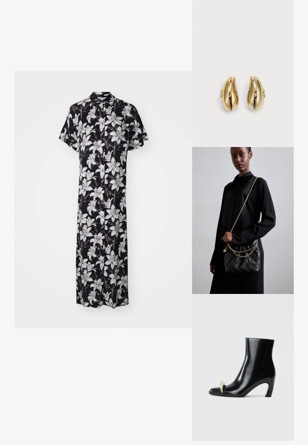 Čierne šaty s krátkymi rukávmi, majúce kvetinový vzor bielych ľalií. Ľahký materiál, zapínanie na gombíky vpredu a dĺžka po kolená.; Čierne členkové topánky vyrobené z lesklej kože, s ostrou špičkou a dekoratívnym zlatým a strieborným akcentom vpredu. Dizajn na blokovom podpätku.; Čierna prešívaná kožená kabelka s naťahovacím vrchom, zlatým reťazovým popruhom a obdĺžnikovým tvarom, držaná pred jednoduchým pozadím.; Náušnice zlatého odtieňa s plynulým, zakriveným dizajnom. Každá náušnica má hladký povrch a malú sponu s dekoratívnym prvkom.