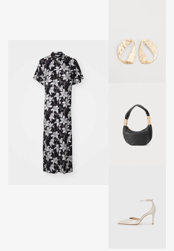 Vestido negro de mangas cortas, con un estampado floral de lirios blancos. Tejido ligero, cierre de botones en la parte delantera y diseño hasta la rodilla.; Zapato de tacón alto de cuero blanco con punta afilada, correa en el tobillo y un delgado tacón de aguja. Textura lisa con un sutil acabado brillante.; Bolso de mano de cuero negro con forma redonda, textura suave y un asa anudada que cuenta con acentos de hardware en tono dorado. Cierre con cremallera.; Un par de pendientes de metal dorado en forma de óvalo irregular con una superficie texturizada y ligeramente martillada sobre un fondo blanco.