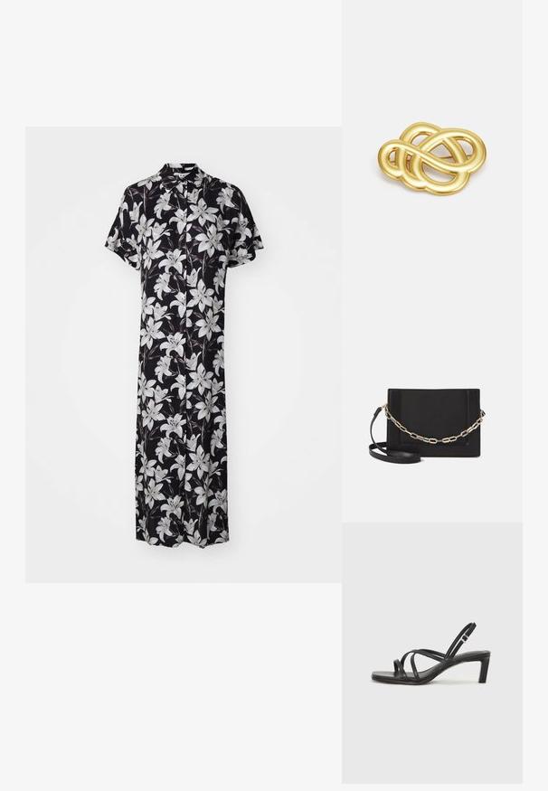 Rochie neagră cu mâneci scurte, având un model floral cu crini albi. Material ușor, cu închidere butonată în față și lungime până la genunchi.; Sandal cu barete negre, cu vârf pătrat și toc mic de bloc. Prezintă mai multe barete subțiri și o bareta ajustabilă la gleznă. Fabricat din piele netedă.; Geantă de umăr din piele neagră, cu o textură netedă, formă rectangulară și un detaliu din lanț metalic în față. Include curea reglabilă.; Broșă de culoare aurie cu un design împletit, având linii netede și curbe și o formă complexă, ce reflectă un finisaj lucios.