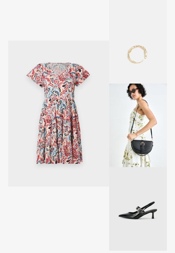 Kortärmad klänning med V-ringning i en beige bakgrund, prydd med ett färgglatt paisleymönster i röd, blå och svart, med detaljer i rynkad midja.; Svarta patentläder slingback-klackar med spetsig tå och en liten blockklack, med en silvrig spänneaccent på remmen.; Svart läderhandväska med en böjd form, avtagbar rem och guldiga detaljer. Väskan har ett lock med en spänndetalj.; Ring i guldutförande med en organisk, vriden design, slät yta och avsmalnande ändar, vilket ger ett modernt, skulpturalt utseende.