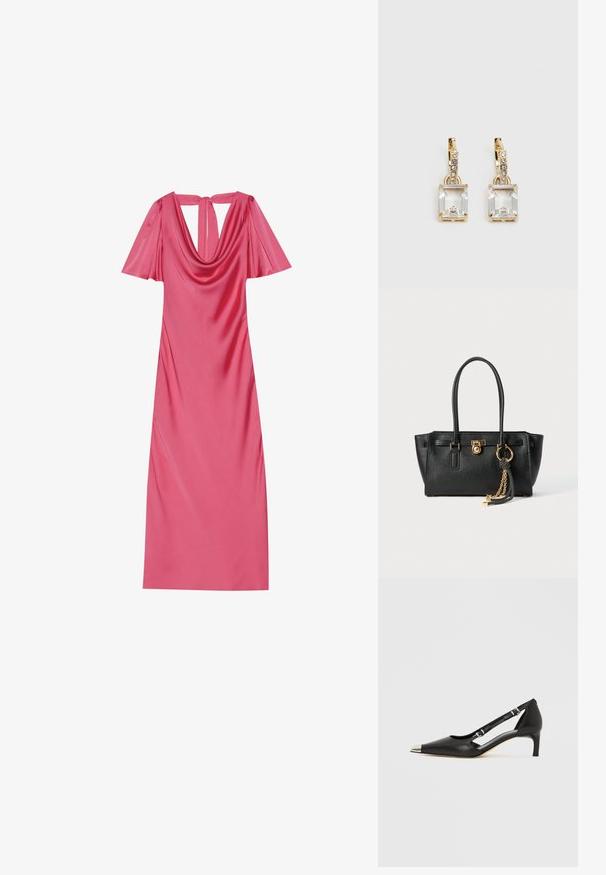 Rózsaszín selyemruha, drapírozott dekoltázzsal, rövid, fodros ujjakkal és kulcslyuk hátkivágással. Simogató textúrájú, testhez simuló fazon.; Fekete bőrből készült kismagassarkú, hegyes ezüst orrkupakkal és dupla csatos pántokkal, fehér háttéren.; Fekete bőr kézitáska dupla fogantyúkkal, aranyzárral és lánc részletekkel, fekete-fehér bojt kiegészítővel, fehér háttéren.; Aranyszínű fülbevalók, melyek egy téglalap alakú, tiszta kristállyal díszítették, ami egy sor kis, kerek, tiszta kiegészítő alatt lóg. Letisztult, modern dizájn.