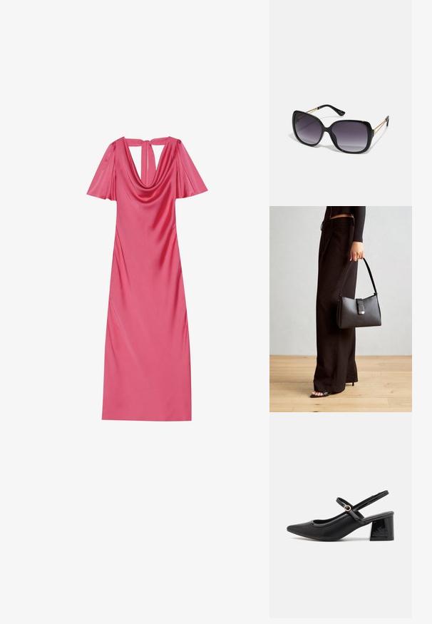 Roosa satiinkleit drapeeritud kaelusega, lühikeste laperdavate varrukatega ja võtmeauguga seljades. Sile tekstuur ja kehakujuline lõige.; Mustad läikivad nahast slingback-kõrged kontsad, millel on terav nina, ümar lõikekujundus ja blokknina. Omab kuldset nupu aktsenti.; Mustad ümarad päikeseglaasid, millel on gradient objektiivid, paksud raamid ja kuldse tooni kettaga kaunistused tempelitel.; Must musta kott, millel on struktureeritud kuju, sile tekstuur ja metallist klamber. Kombineeritud laiate mustade pükstega ja avatud varvaste sandaalidega puidust põrandal.