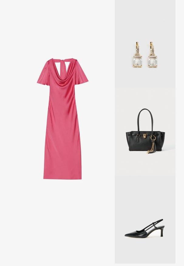 Roza satenasta obleka z drapirano izrezom, kratkimi letečimi rokavi in obliko ključavnice na hrbtni strani. Gladka tekstura z oprijetim silhueto.; Črne lakaste slingback pete s koničastim nosom, ki imajo teksturiran vzorec kačje kože, nastavljiv trak in kratek teksturiran blok peto.; Črna usnjena torbica z dvojno ročajema, zlatim ključavnico in detajlom verige, ter dodatkom črno-belih rese na belem ozadju.; Zlato obarvani uhani, ki vsebujejo pravokoten, prozoren kristal, obešen pod vrsto majhnih, okroglih prozornih dodatkov. Elegantna, moderna zasnova.