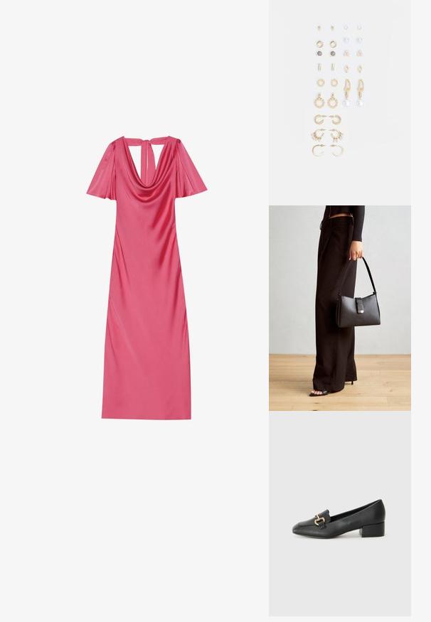 Ružové saténové šaty s draped výstrihom, krátkymi plápolavými rukávmi a dizajnom s kľúčovou dierkou na chrbte. Hladká textúra s priliehavým strihom.; Čierne kožené mokasíny s plochým podpätkom, ktoré majú dekoratívny zlatý kovový detail vpredu a hladkú textúru.; Čierna kabelka so štruktúrovaným tvarom, hladkou textúrou a kovovou sponou. V kombinácii so širokými čiernymi nohavicami a sandálmi s otvorenou špičkou na drevenej podlahe.; Súprava náušníc v zlatom odtieni obsahujúca rôzne dizajny, vrátane puzetových, kruhových a visiacich kúskov s perlami a rhinestones.