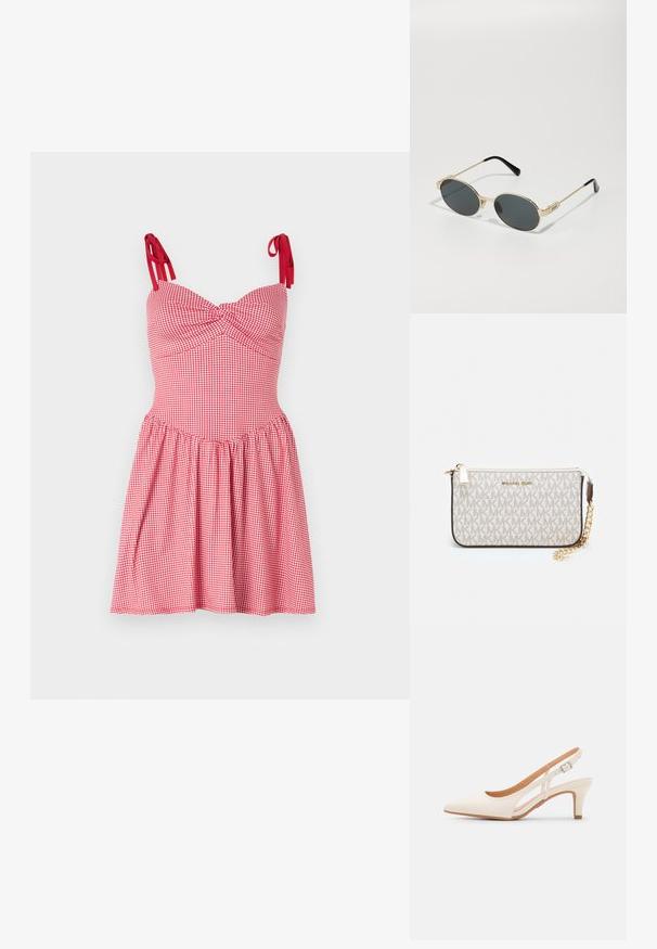 Raudonas ir baltas languotas suknelė su prigludusiu krūtinės įdėjimu, reguliuojamomis raišteliais ir platėjančia sijona. Medžiaga turi glotnią tekstūrą su langelių raštu.; Balti slingback kulniukai su smailiu pirštu, lygia viršutine medžiaga, žemu blokuotu kulnu ir šoniniu išpjovimu su reguliuojamu sagtimi.; Aukso metalo akinių nuo saulės rėmas su ovaliais lęšiais ir tamsiai tonuotais lęšiais. Juodi acetato galiukai ant šakelių. Prekės pavadinimas "QUAY" ant šono.; Michael Kors rankinė smėlio spalvos dengto kanvoje su pakartotiniu MK logotipo raštu, auksinėmis detalėmis ir nuimamu grandininiu dirželiu.