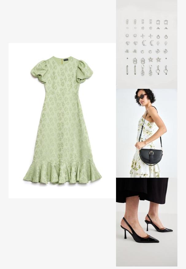 Vestido verde claro com mangas bufantes, tecido texturizado com flores e uma bainha rodante. Possui um fecho de zip na parte de trás.; Sapatos de salto alto de verniz preto com biqueira em ponta e recortes transparentes na parte da frente, posicionados sobre uma superfície clara e lisa.; Bolsa de couro preta com forma curva, alça destacável e detalhes em dourado. A bolsa possui uma aba com detalhe de fivela.; Conjunto de brincos em prata com vários designs: argolas, brincos de pressão e modelos pendentes com adornos cintilantes em formas geométricas e temáticas.