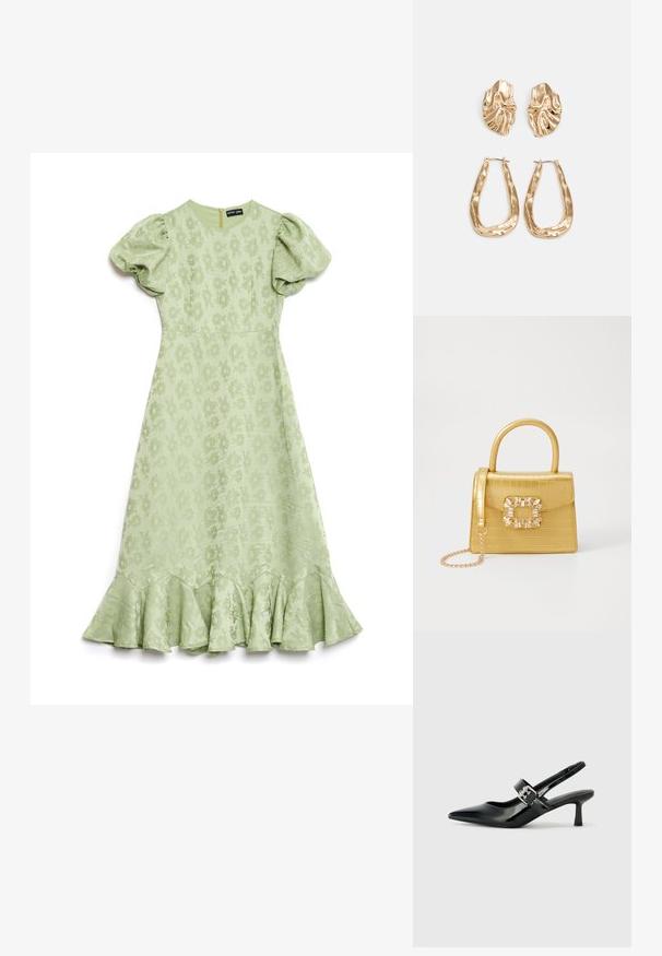 Vestido verde claro com mangas bufantes, tecido texturizado com flores e uma bainha rodante. Possui um fecho de zip na parte de trás.; Saltos slingback em verniz preto com bico pontiagudo e um pequeno salto bloco, apresentando um detalhe de fivela prateada na tira.; Bolsa amarela em pele de crocodilo falsa, com um design estruturado, pega no topo, alça de corrente removível e decoração de cristal no fecho.; Brincos em tom de ouro com formas onduladas e texturizadas. Inclui studs escultóricos com presilha e um design de argola aberta com um acabamento martelado.