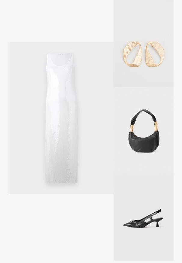 Robe longue blanche sans manches avec un décolleté rond, présentant un motif texturé avec des sequins qui créent un effet scintillant.; Chaussure slingback en cuir noir avec un bout pointu, des sangles décoratives avec œillets en métal et un petit talon carré. Surface texturée.; Sac à main en cuir noir de forme ronde, texture douce, et avec une anse nouée ornée d'accents en matériel doré. Fermeture éclair.; Une paire de boucles d'oreilles en métal doré, de forme ovales irrégulières, avec une surface texturée et légèrement martelée sur fond blanc.