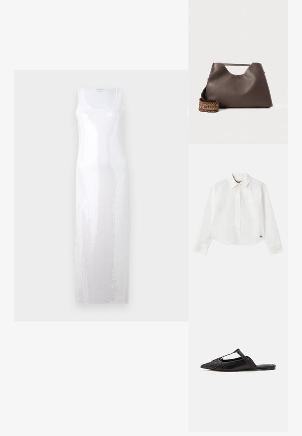 Robe longue blanche sans manches avec un décolleté rond, présentant un motif texturé avec des sequins qui créent un effet scintillant.; Chemise blanche à manches longues raccourcie en coton. Elle présente un devant à boutons, une poche sur la poitrine et un petit logo noir en bas à gauche.; Chaussure en cuir noir à talon ouvert avec un bout pointu, présentant un accent tressé et un design supérieur plissé. Semelle plate avec un matériel minimal.; Sac à main en cuir marron avec une finition texturée, un design angulaire et une poignée supérieure distinctive. Présente un détail de sangle tissée à motif.