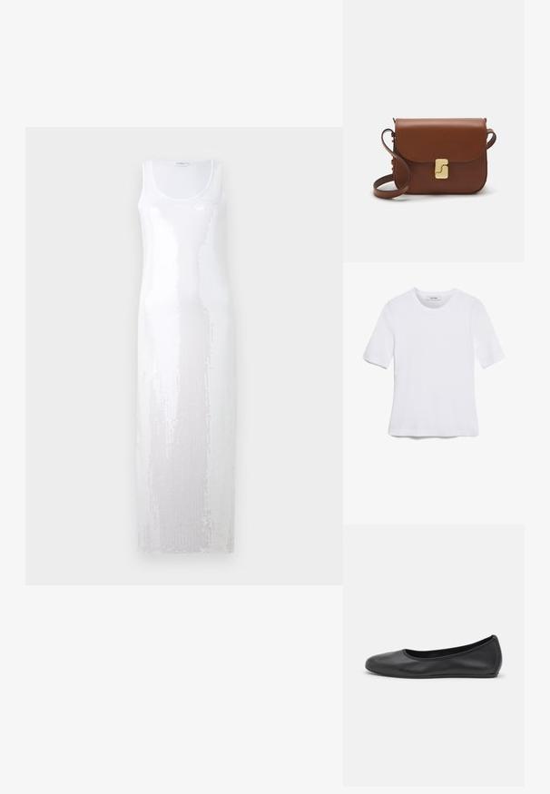 Hosszú, fehér, ujjatlan ruha, kerek kivágással, textúrált mintával, amelyen flitterek találhatók, így csillogó hatást kelt.; Fehér, rövid ujjú póló ribbed anyagból. Kerek nyakkivágás, normál szabás és diszkrét varrási részletek. Nincsenek minták vagy grafikák.; Fekete bőr balettcipő lekerekített orral, sima tekstúrával, minimális varrással és rugalmas talp kialakítással.; Barna bőr kézitáska, hajtókás zárással, arany színű fém kiegészítőkkel, vállpánttal és sima felülettel. Kompakt téglalap alakú.