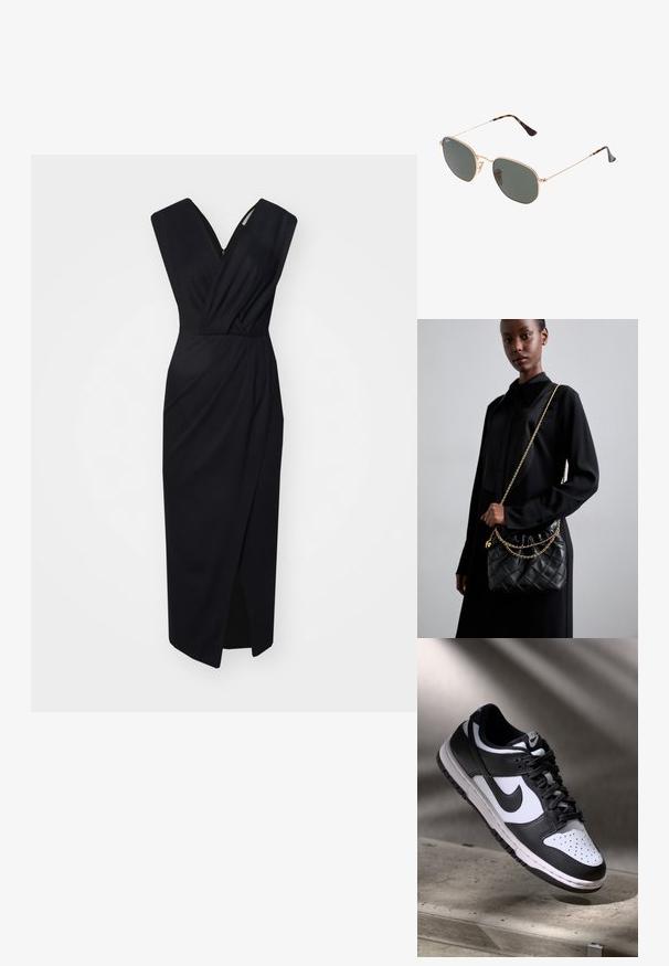 Diane von Furstenberg HALLIE DRESS - Koktailové šaty/večierkové šaty - black; Čierno-biele tenisky Nike Dunk Low s koženým zvrškom, perforovanou špičkou a čiernymi šnúrkami, so bielou podrážkou a logovými akcentmi.; Zlaté slnečné okuliare s kovovým rámom a tmavozelenými šošovkami v aviator štýle, s úzkymi ramenami a mramorovými akcentami na koncoch.; Čierna prešívaná kožená kabelka s naťahovacím vrchom, zlatým reťazovým popruhom a obdĺžnikovým tvarom, držaná pred jednoduchým pozadím.