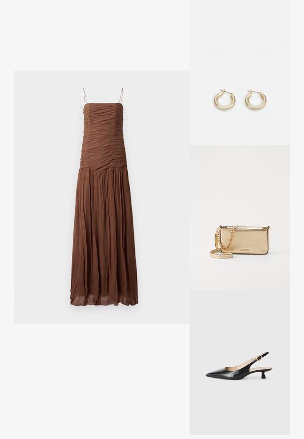 Pruun maksikleit, mis on valmistatud tekstureeritud kangast. Omab plekitud piha ja voolavat seelikut, õhukeste reguleeritavate rihmade ja sirge kaelusega.; Must musta slingback kitten heel king must ja kuldne pandla külgrihmaga, valge tausta peal.; Metalliseeritud kullast nahkklamber, millel on tekstiilfiniš, kuldne ketstrap ja eemaldatav õlavarre rihm. Brändi logo on sisse pressitud.; Lauren Ralph Lauren BASIC SMALL HOOP - Kõrvarõngad - gold-coloured