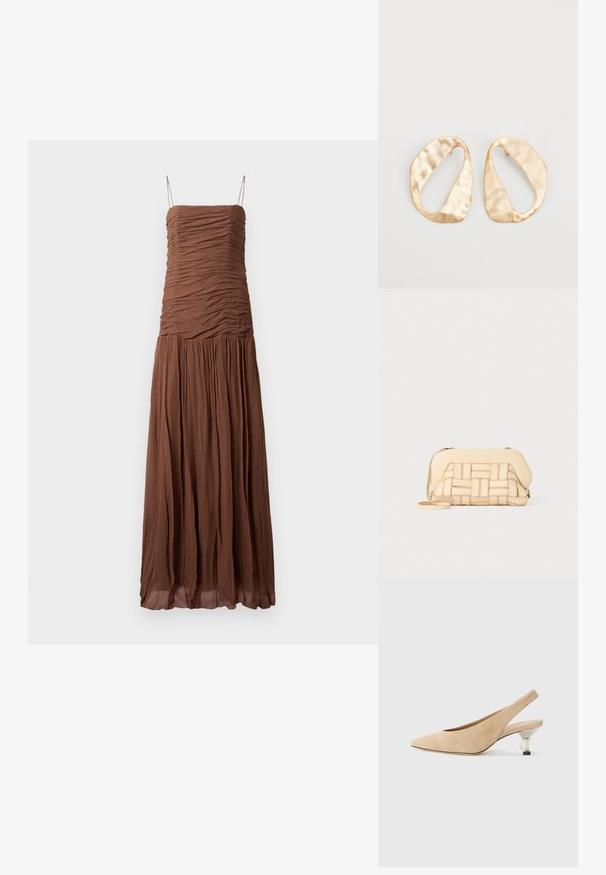 Brown maxi dress made of textured fabric. Features a ruched bodice and flowing skirt, with thin adjustable straps and a straight neckline.; Beige suede slingback shoe with a pointed toe and a transparent, rounded heel. Smooth texture and minimalist design.; Woven beige handbag with a structured design, featuring a smooth top and a long strap. Textured detailing enhances the overall appearance.; Pair of irregular oval-shaped gold-toned metal earrings with a textured, slightly hammered surface on a white background.