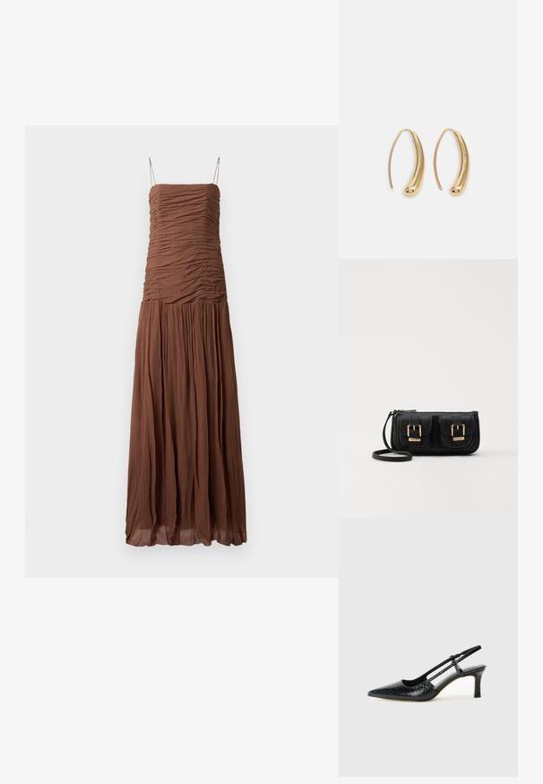Brun maxi-klänning i texturerat tyg. Har en rynkad byst och en flödande kjol, med tunna justerbara axelremmar och en rak halsringning.; Svart lackskin slingback-häl med spetsig tå, med texturerad ormskinnsprint, justerbar rem och en kort, texturerad blockklack.; Svart läderaxelväska med två framfickor, guldspännen, dragkedjestängning och en smal rem. Texturerad yta och kompakt rektangulär form.; Guldtonade metallörhängen i en kurvad, avlång form. Har en slät, glänsande yta och en rundad spets för en extra detalj.